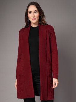 Mafadeny - Maroon Women Mid-Thigh Open-Front Textured Shrug