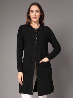 Mafadeny - Black Women Long Embellished Pockets And Front Button Shrug