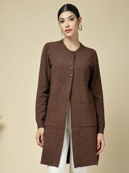Mafadeny - Brown Women Long Embellished Pockets And Front Button Shrug