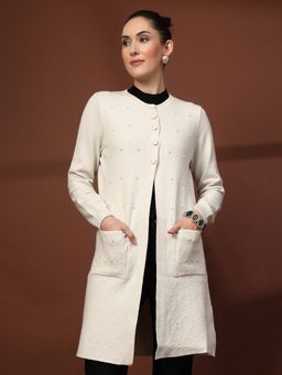 Mafadeny - Cream Women Long Embellished Pockets And Front Button Shrug