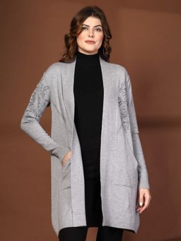 Mafadeny - Grey Women Open-Front Embroidered Long Side Pockets Shrug
