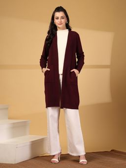 Mafadeny - Wine Women' Mid-Thig Open-Front Side Pockets Shrug