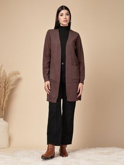 Mafadeny - Brown Women Self Design Full-Sleeves With Open-Front Shrug