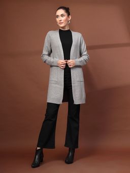 Mafadeny - Grey Women Textured Full-Sleeves With Open-Front Shrug