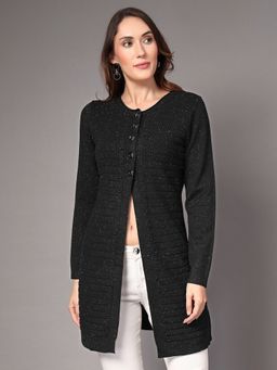 Mafadeny - Black Women Self Design Longline Front Button Shrug