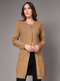 Mafadeny - Brown Women Self Design Longline Front Button Shrug