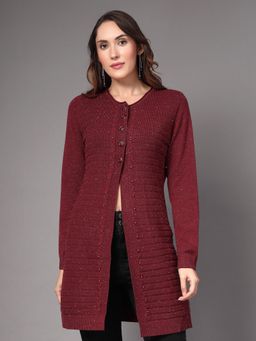 Mafadeny - Maroon Women Self Design Longline Front Button Shrug