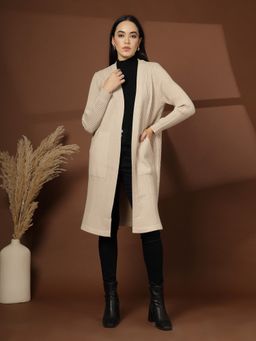 Mafadeny - Brown Women Striped Open Front Pockets Shrug