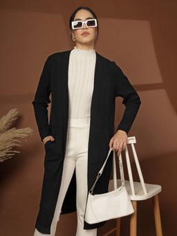 Mafadeny - Black Women Striped Open Front Pockets Shrug