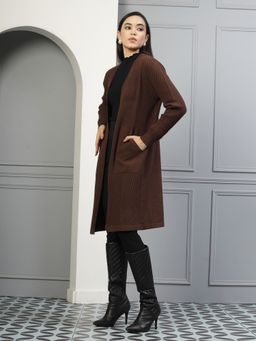 Mafadeny - Brown Women Striped Open Front Pockets Shrug