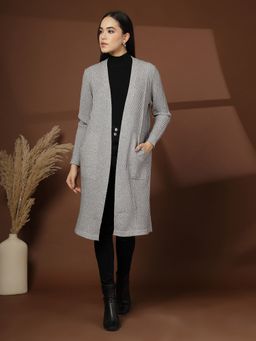 Mafadeny - Grey Women Striped Open Front Pockets Shrug