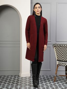 Mafadeny - Maroon Women Striped Open Front Pockets Shrug