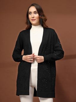 Mafadeny - Black Open Front Embellished Full Sleeve For Women Shrug