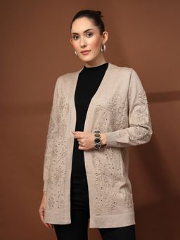 Mafadeny - Brown Open Front Embellished Full Sleeve For Women Shrug