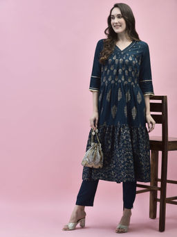 Shree - Women Poly Viscose Teal Blue Printed Kurta with Pant (Set of 2)