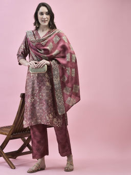 Shree - Women Viscose Pink Abstract Print Kurta and Comfort Pant with Dupatta (Set of 3)