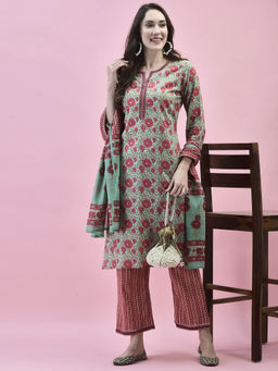 Shree - Women Cotton Green Floral Print Kurta and Comfort Pant with Dupatta (Set of 3)
