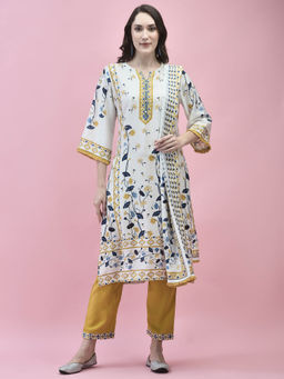 Shree - Women Muslin White Floral Print Kurta and Pant with Dupatta (Set of 3)