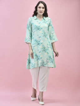 Shree - Women Liva Rayon Blue Floral Print Kurta