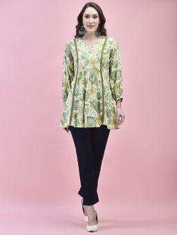 Shree - Women Liva Rayon Green Floral Print Tunic