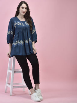 Shree - Women Liva Rayon Navy Blue Floral Print Tunic