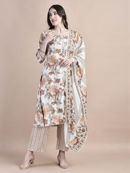 Shree - Women Poly Viscose Cream Rust Floral Print Kurta and Pant with Dupatta (Set of 3)