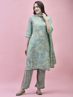 Shree - Women Poly Viscose Teal Paisley Kurta and Comfort Pant with Dupatta (Set of 3)