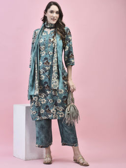 Shree - Women Viscose Blue Floral Print Kurta and Comfort Pant with Dupatta (Set of 3)