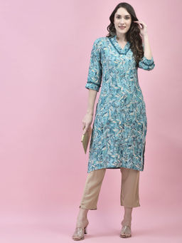 Shree - Women Liva Rayon Blue Floral Print Kurta