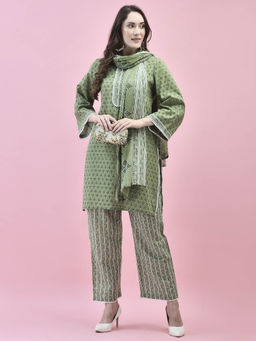 Shree - Women Cotton Green Floral Print Kurta and Comfort Pant with Dupatta (Set of 3)