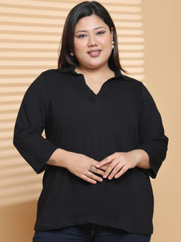 theRebelinme - Plus Size Women Black Solid Colour Cotton Knitted Top