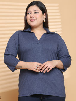 theRebelinme - Plus Size Women Melange Blue Solid Colour Cotton Knitted Top