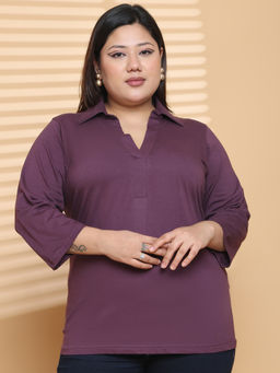 theRebelinme - Plus Size Women Purple Solid Colour Cotton Knitted Top