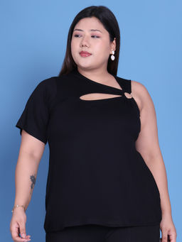 theRebelinme - Plus Size Women Black Solid Colour Viscose Knitted Top