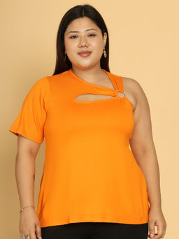 theRebelinme - Plus Size Women Orange Solid Colour Viscose Knitted Top