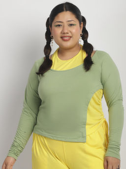 theRebelinme - Plus Size Women Sage Green and Yellow Colour Block Cotton Layered Top