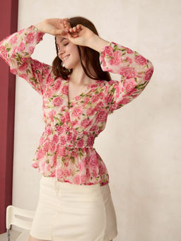 Outzidr - Pink Floral Printed Peplum Top
