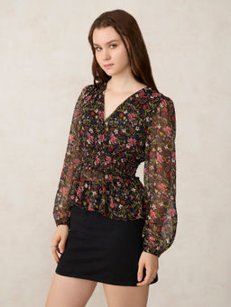 Outzidr - Black Floral Printed Peplum Top