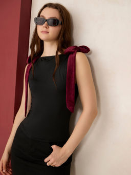 Outzidr - Black Velvet Bow Detail Knit Top