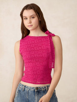 Outzidr - Pink Lace Tie Up Top