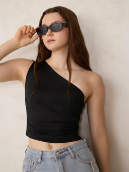 Outzidr - Black One Shoulder Side Ruched Crop Top