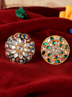 Silvermerc Designs - Gold Plated Meenakari Wedding Enamelled Finger Rings (Set of 2)