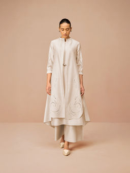 AMPM - Beige Anais Self Design Jacket with Kurta Belt and Palazzo (Set of 4)