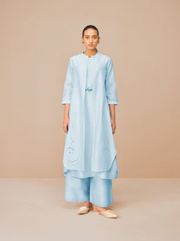 AMPM - Ice Blue Anais Self Design Jacket with Kurta Belt and Palazzo (Set of 4)