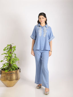 GRASS & SUNSHINE - Blue Blossom Embroidered Co-Ord (Set of 2)