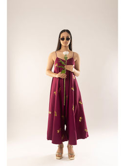 Kriti Bapna - Wine Animal Motif Jumpsuit (Set of 2)