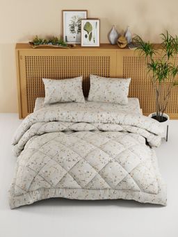 KOPA - Floral Ivory Micro Double Comforter with Bedsheet & Pillow Cover (One Size)