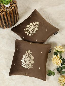 HOSTA HOMES - Brown Soft Velvet Golden Foil Printed Cushion Covers (Pack of 2) (16x16 Inches)