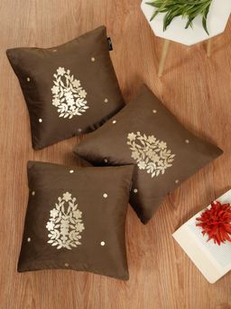 HOSTA HOMES - Brown Soft Velvet Golden Foil Printed Cushion Covers (Pack of 3) (16x16 Inches)
