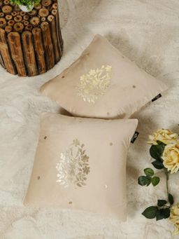 HOSTA HOMES - Cream Soft Velvet Golden Foil Printed Cushion Covers (Pack of 2) (16x16 Inches)